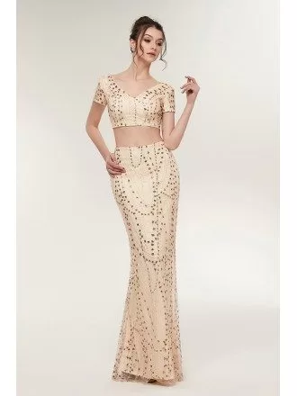 Sexy Two Piece Gold Tight Prom Dress with Sparkle Beading