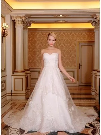 Ball-Gown Sweetheart Cathedral Train Tulle Satin Wedding Dress With Beading Appliques Lace