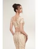Sexy Two Piece Gold Tight Prom Dress with Sparkle Beading