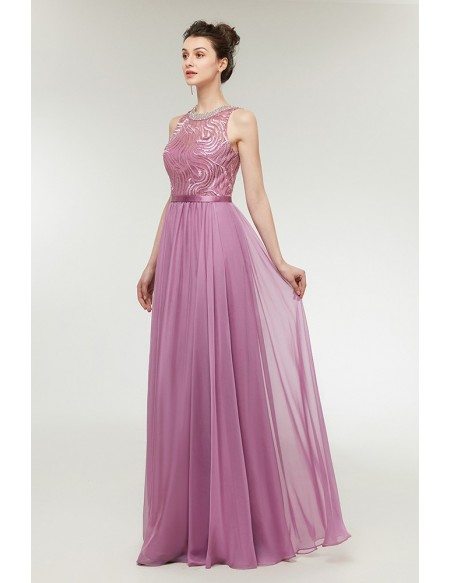 Flowing Chiffon Lilac Long Cute Prom Dress with Beaded Neckline