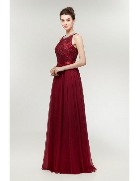 Burgundy Long Chiffon Prom Dress Flowing Straless with Beaded Neck