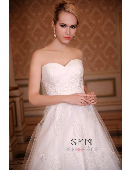 Ball-Gown Sweetheart Cathedral Train Tulle Satin Wedding Dress With Beading Appliques Lace