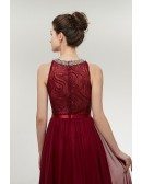 Burgundy Long Chiffon Prom Dress Flowing Straless with Beaded Neck
