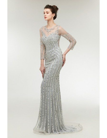 Sparkly Sexy Mermaid Silver Prom Dress with 3/4 Sleeves