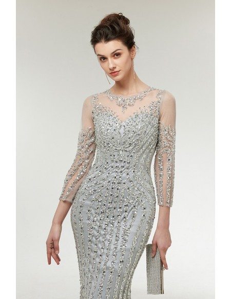 Sparkly Sexy Mermaid Silver Prom Dress with 3/4 Sleeves