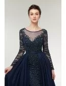 All Beading Navy Blue Slim Prom Dress with Sleeves Cape Skirt
