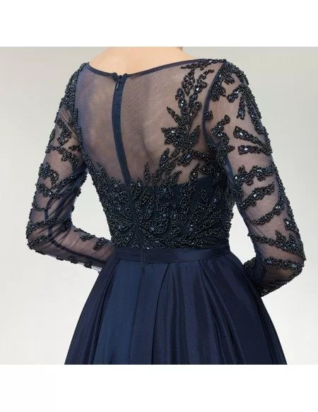 All Beading Navy Blue Slim Prom Dress with Sleeves Cape Skirt