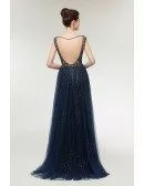 Sexy Dark Blue Sparkly Long Tulle Prom Dress with Open Back