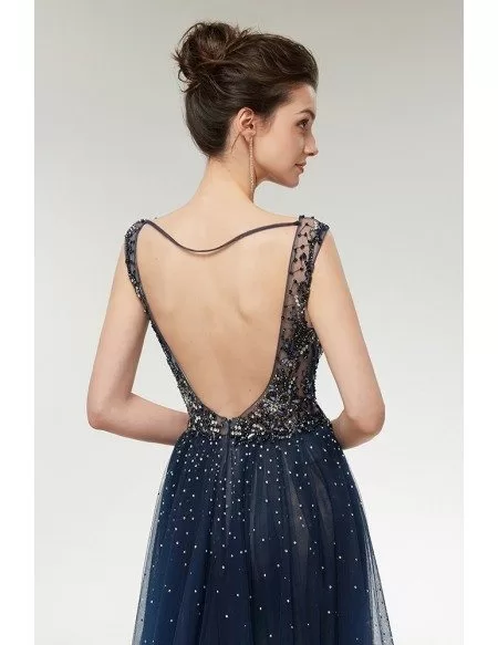 Sexy Dark Blue Sparkly Long Tulle Prom Dress with Open Back