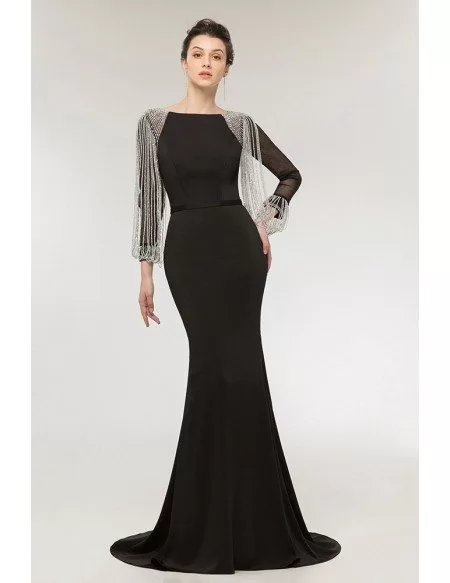 Gothic Black Long Mermaid Evening Dress with Long Beading Sleeves