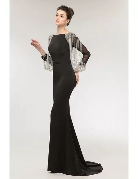 Gothic Black Long Mermaid Evening Dress with Long Beading Sleeves