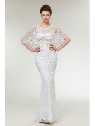 Unique Lace Mermaid Beaded Prom Dress Long Ivory with Cape