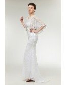 Unique Lace Mermaid Beaded Prom Dress Long Ivory with Cape