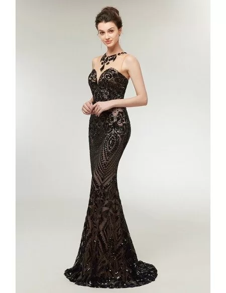 Shining Sexy Black Long Sequin Fitted Prom Dress Stylish Mermaid