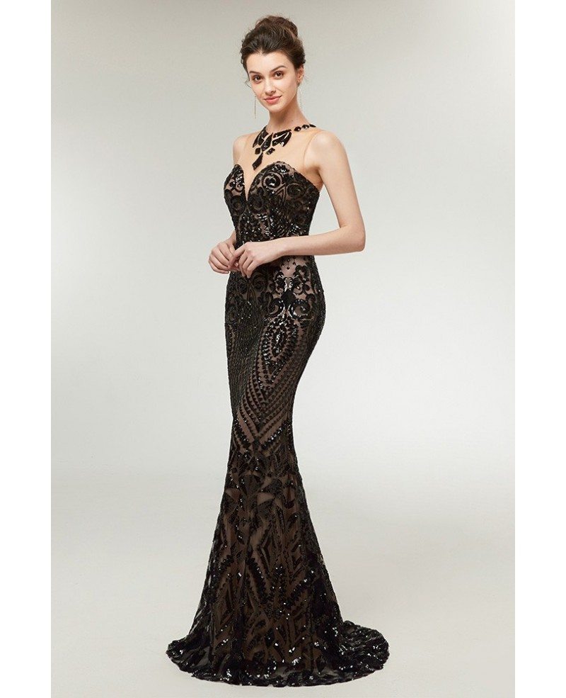 Shining Sexy Black Long Sequin Fitted Prom Dress Stylish Mermaid C0014
