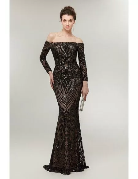 Sexy Black Long Sequin Tight Prom Dress Off The Shoulder Sleeves