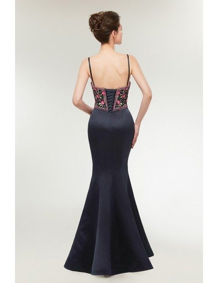 Black Long Slim Trumpet Prom Dress with Embroidery Bodice