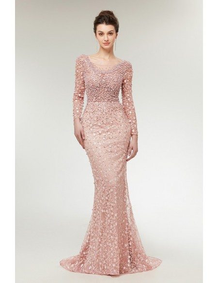 Cute Pink All Lace Long Sleeved Prom Dress with Beaded Bodice