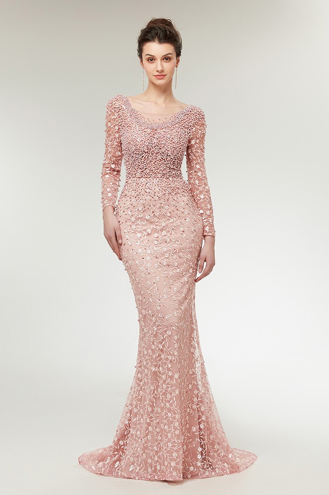 Cute Pink All Lace Long Sleeved Prom Dress with Beaded Bodice #C0021 ...