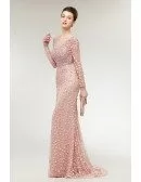 Cute Pink All Lace Long Sleeved Prom Dress with Beaded Bodice