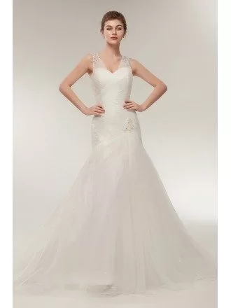 Fit And Flare Pleated Tulle Wedding Dress with Beading Straps