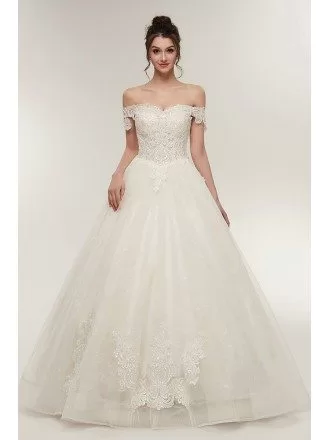 Unqiue Lace Princess Wedding Dress with Off The Shoulder Straps
