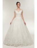Princess Lace Corset Ball Gown Wedding Dress with Cap Sleeves