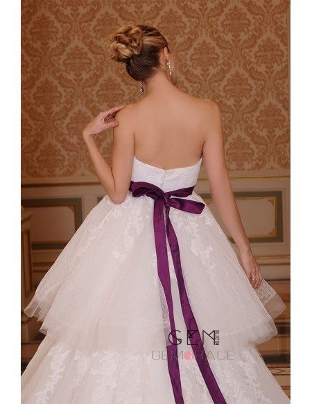 Ball-Gown Sweetheart Chapel Train Tulle Wedding Dress With Appliques Lace Bow