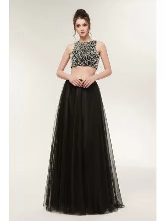 Different Black Beaded Formal Prom Dress In Tulle Two Piece