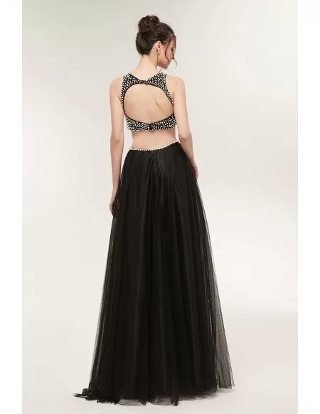 Different Black Beaded Formal Prom Dress In Tulle Two Piece