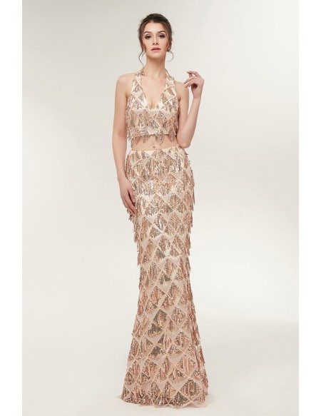 Long Halter Two Piece Gold Prom Dress Fitted with Sparkle Sequin