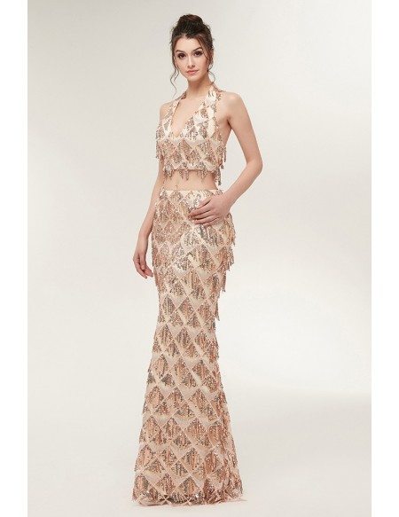 Long Halter Two Piece Gold Prom Dress Fitted with Sparkle Sequin