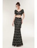 Two Piece Black Mermaid Prom Dress Sparkly with Fringed Sequin