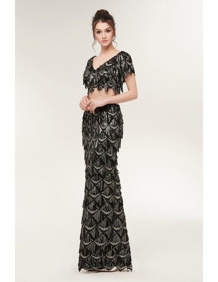 Two Piece Black Mermaid Prom Dress Sparkly with Fringed Sequin