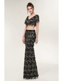 Two Piece Black Mermaid Prom Dress Sparkly with Fringed Sequin
