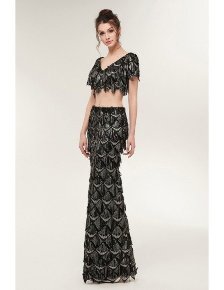 Two Piece Black Mermaid Prom Dress Sparkly with Fringed Sequin