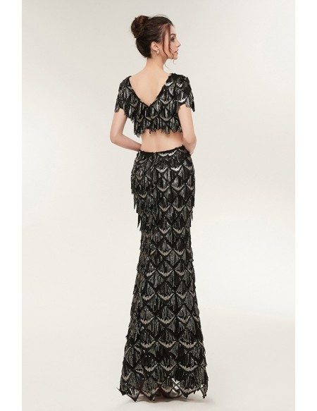 Two Piece Black Mermaid Prom Dress Sparkly with Fringed Sequin