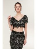 Two Piece Black Mermaid Prom Dress Sparkly with Fringed Sequin