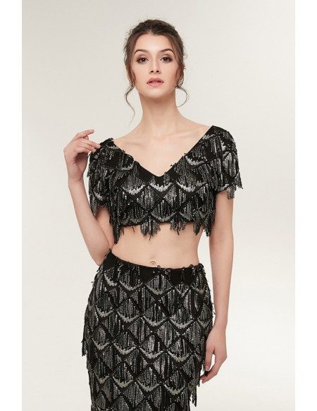 Two Piece Black Mermaid Prom Dress Sparkly with Fringed Sequin