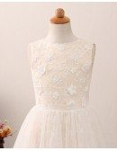 Beautiful Champagne Tulle Lace Flower Girl Dress with Hole Back