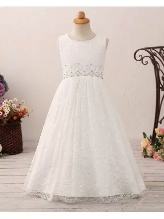 Vintage Long Lace Flower Girl Dress with Beading For Juniors