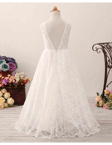 Long Simple Lace Flower Girl Dress with V Back For Beach Beading