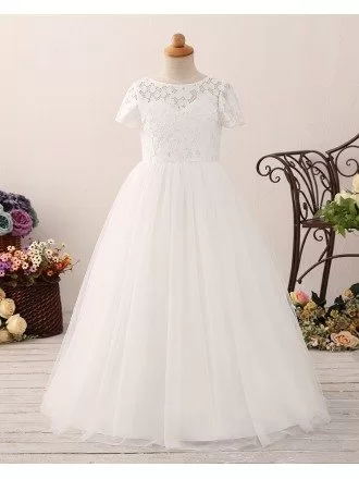 Modest Tulle Lace Ball Gown Flower Girl Dress with Short Sleeves