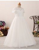 Modest Tulle Lace Ball Gown Flower Girl Dress with Short Sleeves