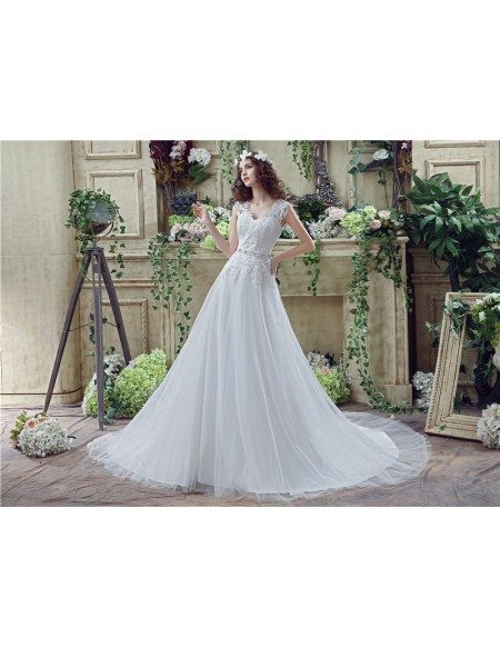 A-line V-neck Short Sleeves Chapel-train Wedding Dress
