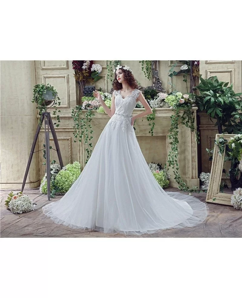 A-line V-neck Short Sleeves Chapel-train Wedding Dress #C30267 $159 ...