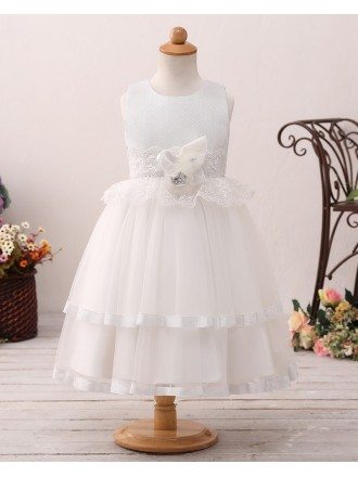 Ivory Layered Short Flower Girl Dress with Lace For Beach Wedding