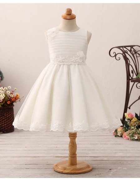 Princess Short Tulle Pleated Flower Girl Dress with Lace Hem