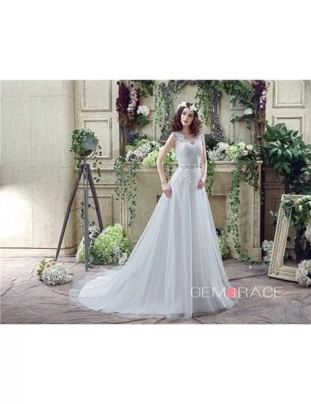 A-line V-neck Short Sleeves Chapel-train Wedding Dress