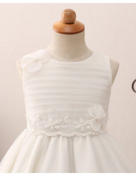 Princess Short Tulle Pleated Flower Girl Dress with Lace Hem